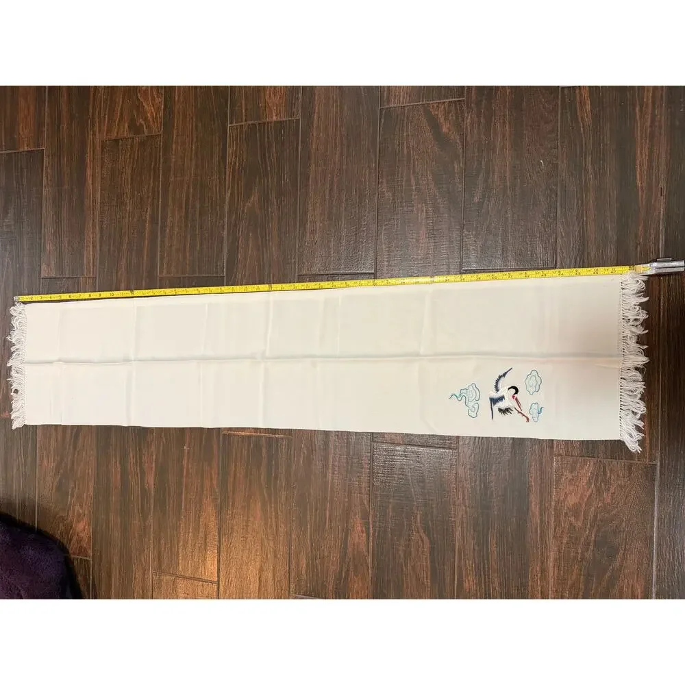 Vintage White Silk Embroidered Table Runner Asian Crane Bird Cloud Fringe 47x10